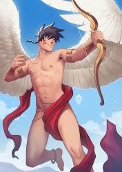Rule 34 | 1boy, abs, armpit hair, armpits, bara, bow (weapon), braid, cupid, feathered wings, floating, floating object, flying, foot out of frame, from below, highres, holding, holding bow (weapon), holding weapon, male focus, navel, nipples, original, pectorals, short hair, smile, solo, spread wings, stomach, thighs, toned, toned male, topless male, valentine, weapon, wings, xelgot