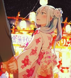 Rule 34 | 10s, 1boy, 1girl, blue eyes, brown hair, commentary request, festival, flower, gomennasai, hair flower, hair ornament, hetero, hibiki (kancolle), holding hands, japanese clothes, kantai collection, kimono, lantern, long hair, long sleeves, looking at another, market stall, night, night sky, obi, open mouth, paper lantern, pointing, sash, shirt, short hair, side ponytail, sidelocks, silver hair, sky, star (sky), striped clothes, striped shirt, t-shirt, text focus, translation request, wide sleeves, yukata