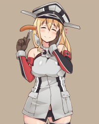 Rule 34 | 10s, 1girl, ^ ^, bare shoulders, bismarck (kancolle), blonde hair, blush, breasts, cameltoe, detached sleeves, closed eyes, gloves, hand on own cheek, hand on own face, hat, kantai collection, kuroneko shiro, large breasts, long hair, military, military hat, military uniform, peaked cap, sausage, smile, solo, thighhighs, underwear, uniform