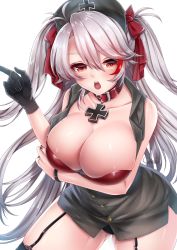 Rule 34 | 1girl, antenna hair, azur lane, bare shoulders, black panties, black thighhighs, blush, breasts, choker, cleavage, collarbone, collared dress, cross, cross choker, dress, garter straps, hair between eyes, hair ribbon, hand up, hat, highres, iron cross, large breasts, leather choker, long hair, looking at viewer, mole, mole on breast, multicolored hair, nurse cap, panties, prinz eugen (azur lane), red eyes, red hair, red ribbon, ribbon, sidelocks, signature, silver hair, simple background, sleeveless, sleeveless dress, solo, streaked hair, thighhighs, touwa iyo, two side up, underwear, very long hair, white background, wristband