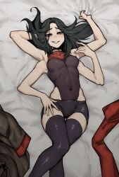 Rule 34 | 1girl, bed, bed sheet, black hair, black shorts, black thighhighs, breasts, choker, commentary, commission, covered navel, english commentary, extra arms, grin, highleg, highleg leotard, highres, illenn, leotard, looking at viewer, lowleg, lowleg shorts, lying, medium breasts, on back, on bed, original, pale skin, parted bangs, red pupils, sheet grab, shorts, smile, solo, thighhighs
