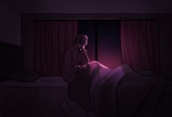 Rule 34 | 1boy, ace attorney, bed, blanket, curtains, dark, hand on own face, highres, male focus, menchimi, miles edgeworth, night, on bed, sitting, solo, waking up