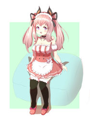 Rule 34 | 1girl, nanashi inc., :d, absurdres, animal ears, animare, apron, bare shoulders, bat ears, black ribbon, black thighhighs, blush, bow, breasts, cleavage, commentary request, fang, frilled apron, frills, full body, green background, hair ribbon, highres, looking at viewer, multiple girls, open mouth, pink hair, pleated skirt, purple bow, purple eyes, red footwear, red skirt, ribbon, shiro hakuchou, shoes, sidelocks, sitting, skirt, smile, solo, thighhighs, twintails, two-tone background, umori hinako, virtual youtuber, waist apron, white apron, white background, wrist cuffs