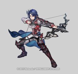 Rule 34 | 1boy, alcryst (fire emblem), armor, arrow (projectile), ascot, blue hair, bow (weapon), commentary request, drawing bow, fire emblem, fire emblem engage, fire emblem heroes, full body, greaves, grey background, hair ornament, hairclip, holding, holding bow (weapon), holding weapon, long sleeves, male focus, nintendo, official art, pants, red eyes, red vest, senano-yu, shirt, short hair, shoulder armor, sidelocks, simple background, solo, standing, vest, waist cape, weapon, white ascot, white pants, white shirt