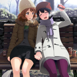 Rule 34 | 10s, 2girls, alternate costume, arm at side, arms at sides, beanie, bench, black hair, black shorts, blurry, blush, bokeh, breath, brown eyes, brown hair, brown scarf, bush, buttons, can, coat, depth of field, dress, drink can, full-face blush, fur trim, grey dress, hand up, hat, hibike! euphonium, highres, holding, holding can, holding hands, hood, hood down, hooded jacket, interlocked fingers, jacket, kousaka reina, laughing, long hair, long sleeves, looking at another, multiple girls, open mouth, oumae kumiko, outdoors, pantyhose, park bench, purple legwear, purple scarf, scarf, short hair, shorts, sitting, snow, soda can, sonouchi (bigsummersky), swept bangs, tree, unbuttoned, wide hips, winter, winter clothes, winter coat, yuri