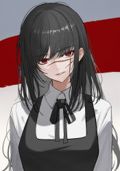 Rule 34 | 1girl, black hair, black ribbon, black vest, chainsaw man, collared shirt, highres, long hair, looking at viewer, neck ribbon, parted lips, red eyes, ribbon, rikui (rella2930), scar, scar on face, shirt, smile, solo, upper body, vest, white shirt, yoru (chainsaw man)
