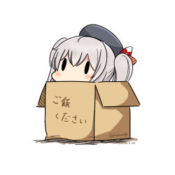 Rule 34 | 10s, 1girl, 2016, absurdres, blush, box, cardboard box, chibi, dated, hat, hatsuzuki 527, highres, in box, in container, kantai collection, kashima (kancolle), mini hat, silver hair, simple background, solid oval eyes, solo, translated, twintails, twitter username, white background