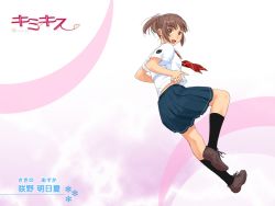 Rule 34 | 1girl, brown eyes, brown hair, from side, kimi kiss, kneehighs, open mouth, ponytail, sakino asuka, school uniform, serafuku, shoes, sidelocks, skirt, smile, socks, solo, takayama kisai, wallpaper