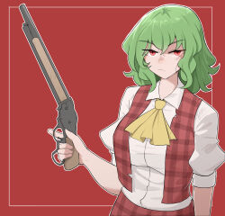 Rule 34 | 1girl, angry, breasts, green hair, gun, highres, kazami yuuka, large breasts, lever action, looking at viewer, mata (matasoup), plaid, plaid skirt, plaid vest, red background, red eyes, red skirt, red vest, shirt, short hair, shotgun, skirt, solo, torn clothes, touhou, vest, weapon, white shirt, winchester model 1887