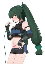 1girl android black_gloves blunt_bangs blush body_writing charger cowboy_shot fingerless_gloves fingernails flasso from_side gloves green_eyes green_hair highres looking_at_viewer nail_polish navel open_mouth qingyi_(zenless_zone_zero) short_shorts shorts sidelocks simple_background solo sweat sweatdrop tongue tongue_out white_background white_nails zenless_zone_zero