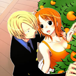 Rule 34 | 1boy, 1girl, bad id, bad pixiv id, black eyes, blonde hair, blush, breasts, cleavage, collarbone, couple, food, fruit, hair over one eye, large breasts, looking at another, mandarin orange, nami (one piece), necktie, one piece, open mouth, orange hair, sanji (one piece), smile, tattoo, yamadaenako