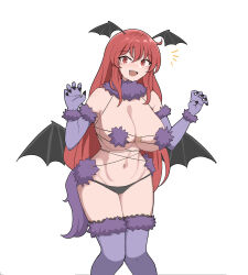 Rule 34 | 1girl, absurdres, bat wings, black panties, breasts, cleavage, commentary, cosplay, elbow gloves, english commentary, fate/grand order, fate (series), fur-trimmed collar, fur-trimmed gloves, fur bikini, fur trim, gloves, head wings, highres, koakuma, large breasts, long hair, looking at viewer, mash kyrielight, mash kyrielight (dangerous beast), mash kyrielight (dangerous beast) (cosplay), mata (matasoup), multiple wings, navel, open mouth, panties, purple gloves, purple thighhighs, red eyes, red hair, revealing clothes, sharp teeth, sidelocks, solo, tail, teeth, thighhighs, touhou, underwear, wings, wolf tail