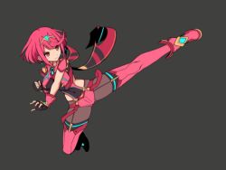 Rule 34 | 1girl, black gloves, bob cut, breasts, chest jewel, earrings, f 1chan, fingerless gloves, flying kick, gloves, jewelry, kicking, large breasts, nintendo, pantyhose, pantyhose under shorts, pyra (xenoblade), red eyes, red hair, red shorts, red thighhighs, short hair, short shorts, shorts, solo, super smash bros., swept bangs, thighhighs, tiara, xenoblade chronicles (series), xenoblade chronicles 2