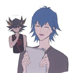 Rule 34 | ..., 2boys, alternate costume, bad id, bad lofter id, black hair, black tank top, blue eyes, blue hair, bruno (yu-gi-oh!), closed eyes, cropped torso, expressionless, flat color, fudo yusei, grey shirt, hand on own chin, hand up, hands up, highres, holding, holding paper, male focus, multicolored hair, multiple boys, naoki (2rzmcaizerails6), nervous smile, no jacket, open mouth, paper, shirt, short hair, simple background, smile, spiked hair, streaked hair, sweat, tank top, upper body, white background, yu-gi-oh!, yu-gi-oh! 5d&#039;s