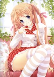 Rule 34 | 1girl, absurdres, ayakaze ryuushou, blue eyes, brown hair, brown thighhighs, buttons, couch, finger to mouth, hair ornament, highres, huge filesize, ivy, leaf, legs, looking at viewer, plant, school uniform, sitting, smile, solo, striped clothes, striped thighhighs, thighhighs, thighs, twintails, white thighhighs, window, x hair ornament