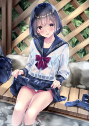 Rule 34 | 1girl, :d, absurdres, ahoge, bag, bench, black hair, blue legwear, blue skirt, bob cut, bra, bra visible through clothes, clothes lift, collarbone, copyright request, fence, hair ornament, hairclip, highres, kobayashi chisato, leaf, lifted by self, non-web source, open mouth, orange eyes, panties, pleated skirt, rock, sailor collar, school bag, school uniform, see-through, serafuku, sitting, skirt, skirt lift, smile, solo, thighs, underwear, unworn legwear, unworn socks, water, wet, wet clothes, white panties, wooden bench, wooden fence