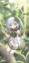 Rule 34 | 1girl, bare shoulders, bracelet, child, closed mouth, clover-shaped pupils, dress, full body, genshin impact, green eyes, green hair, hair ornament, highres, jewelry, looking at viewer, medium hair, nahida (genshin impact), outdoors, pointy ears, side ponytail, solo, symbol-shaped pupils, toeless footwear, white dress, white hair, yuujin (yuzinn333)