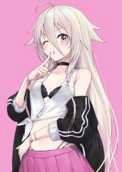 Rule 34 | 1girl, ;o, absurdres, arm across waist, bare shoulders, black bra, black choker, black jacket, blonde hair, blue eyes, blush, bra, bracelet, breasts, choker, cleavage, collarbone, cowboy shot, finger to mouth, hair between eyes, highres, ia (vocaloid), index finger raised, jacket, jewelry, long hair, long sleeves, looking at viewer, midriff, off shoulder, one eye closed, open clothes, open jacket, open mouth, open shirt, pink background, pink skirt, pleated skirt, shirt, simple background, skirt, small breasts, solo, tied shirt, underwear, very long hair, vocaloid, white shirt, zooanime