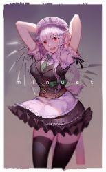 Rule 34 | 1girl, :d, arms behind head, bad id, bad pixiv id, belt, black thighhighs, highres, hoshimawa, izayoi sakuya, knife, long hair, looking at viewer, maid, maid headdress, necktie, open mouth, red eyes, smile, solo, teeth, thighhighs, touhou, white hair