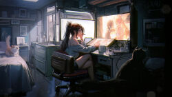 Rule 34 | 1girl, bed, bed sheet, bedroom, bottle, bra strap, brown hair, cabinet, cat, chair, closed eyes, crossed legs, cup, desk, drawer, drawing tablet, faucet, hand on own cheek, hand on own face, high ponytail, highres, indoors, long hair, milk ko, monitor, off shoulder, open mouth, original, pillow, pink hair, short hair, short shorts, shorts, sink, sitting, sweater, whiteboard, window