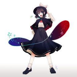 Rule 34 | 1girl, absurdres, black cape, black footwear, black headwear, black skirt, blue eyes, brown hair, cape, collared shirt, fedora, full body, hand on headwear, hand on own hip, happy, hat, hat ribbon, highres, katari, loafers, long sleeves, neck ribbon, open mouth, ribbon, shirt, shoes, simple background, sketch, skirt, star (symbol), touhou, usami renko, white background, white ribbon, white shirt
