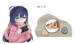 Rule 34 | 1girl, ahoge, animal hood, breakfast, can, closed eyes, closed mouth, commentary, dot nose, drink can, food, hair between eyes, handheld game console, holding, holding handheld game console, hood, hoodie, idolmaster, idolmaster million live!, long hair, long sleeves, messy hair, mochizuki anna, morning, pink hoodie, pizza, pizza slice, plate, purple hair, rabbit hood, sidelocks, soda can, solo, spawnfoxy, table, upper body, v-shaped eyebrows, white background