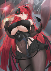 Rule 34 | 1girl, absurdres, ahoge, azur lane, bare shoulders, black gloves, black headband, black horns, breasts, clothing cutout, commentary request, curled horns, demon girl, demon wings, elbow gloves, frilled gloves, frills, gloves, headband, highres, hindenburg (azur lane), horns, large breasts, long hair, looking at viewer, non-humanoid robot, pantyhose, pointy ears, red eyes, red hair, robot, robot dragon, smile, solo, soul (dp11), underboob, underboob cutout, very long hair, wings