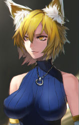 Rule 34 | 1girl, alternate costume, animal ears, bare shoulders, blonde hair, breasts, chromatic aberration, contemporary, earrings, fox ears, impossible clothes, impossible shirt, jewelry, kinketsu, large breasts, lips, messy hair, necklace, no headwear, ribbed sweater, shirt, short hair, simple background, sleeveless, sleeveless turtleneck, slit pupils, solo, sweater, touhou, turtleneck, upper body, yakumo ran, yellow eyes