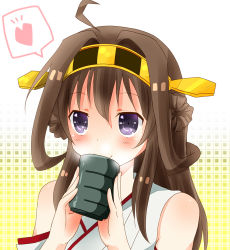 Rule 34 | 10s, 1girl, ahoge, brown hair, cup, detached sleeves, hairband, heart, japanese clothes, kantai collection, kongou (kancolle), long hair, nontraditional miko, personification, purple hair, smile, solo, sr soba, teacup, yunomi