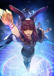Rule 34 | 1girl, absurdres, animal ears, arm up, warrior of light (ff14), circlet, final fantasy, final fantasy xiv, fingerless gloves, gloves, green eyes, hide (hideout), highres, long hair, looking at viewer, looking up, mole, mole under mouth, rabbit ears, red hair, solo, square enix