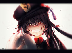 Rule 34 | 1girl, 1other, :d, absurdres, black hair, blush, chinese clothes, commentary request, crazy eyes, crazy smile, crying, crying with eyes open, flower, genshin impact, grin, hair between eyes, hat, hat flower, hat ornament, highres, hu tao (genshin impact), long hair, long sleeves, looking at viewer, open mouth, red eyes, rishixiyan, sidelocks, silver hair, simple background, smile, symbol-shaped pupils, tears, twintails, unconscious, white background