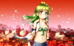 Rule 34 | 1girl, arm at side, arm behind back, artist name, blue skirt, blush, breasts, cleavage, detached sleeves, frog hair ornament, gradient sky, grass, green eyes, green hair, hair ornament, hair tubes, hand on own arm, hip focus, kochiya sanae, long hair, matching hair/eyes, navel, open clothes, open shirt, petals, red sky, shirt, skirt, sky, sleeveless, sleeveless shirt, small breasts, smile, snake hair ornament, solo, sparkle, stomach, toned, touhou, upper body, welt (kinsei koutenkyoku), white shirt, wide sleeves, wind