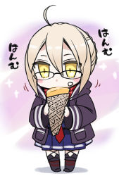 Rule 34 | 1girl, ahoge, artoria pendragon (fate), bespectacled, black-framed eyewear, blonde hair, blush, braid, chibi, commentary request, crepe, eating, fate/grand order, fate (series), food, food on face, glasses, hood, hooded jacket, jacket, long sleeves, mysterious heroine x alter (fate), mysterious heroine x alter (first ascension) (fate), plaid, plaid scarf, puyo (puyotopia), red scarf, scarf, school uniform, solo, standing, thighhighs, yellow eyes