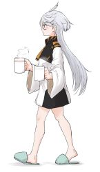 Rule 34 | 1girl, ahoge, asticassia school uniform, borrowed clothes, closed mouth, coffee mug, commentary, cup, from side, grey eyes, grey hair, gundam, gundam suisei no majo, hair between eyes, highres, holding, holding cup, jacket, long hair, long sleeves, looking ahead, miorine rembran, mug, no pants, rindou (rindou annon), school uniform, simple background, slippers, solo, walking, white background, white jacket, wide sleeves
