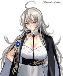 Rule 34 | 1girl, ahoge, arms behind back, artist name, azur lane, breasts, cleavage, coat, coat on shoulders, cosplay, cowboy shot, cross, dress, evening gown, grey eyes, grey hair, historical name connection, kantai collection, large breasts, long hair, looking at viewer, name connection, official alternate costume, one-hour drawing challenge, rekka yamato, simple background, solo, washington (azur lane), washington (azur lane) (cosplay), washington (jubilant smile) (azur lane), washington (kancolle), white background, white dress