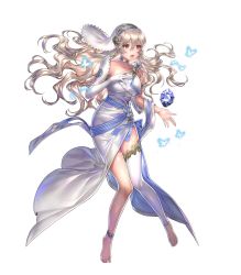 Rule 34 | 1girl, asymmetrical clothes, bare shoulders, barefoot, breasts, bug, butterfly, corrin (female) (fire emblem), corrin (fire emblem), dress, elbow gloves, feet, female focus, fire emblem, fire emblem fates, fire emblem heroes, floating, floating object, full body, gloves, highres, insect, long hair, nintendo, official art, open mouth, pointy ears, red eyes, red hair, sencha (senchat), side slit, solo, stone, toes, transparent background, veil, white dress, white hair