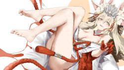 Rule 34 | 1girl, animal ear fluff, animal ears, bare legs, bare shoulders, barefoot, bow, china dress, chinese clothes, dress, fate/grand order, fate (series), feet, fox ears, fox girl, fox tail, highres, hip vent, koyanskaya (fate), koyanskaya (lostbelt beast:iv) (fate), looking at viewer, nail, nail polish, open mouth, oshin0 (zheng), pink bow, pink hair, red nails, tail, tamamo (fate), toes, yellow eyes