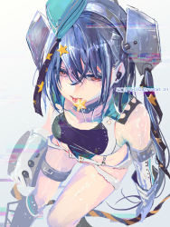 Rule 34 | 1girl, aqua hat, banned artist, black one-piece swimsuit, brown eyes, candy, competition swimsuit, dated, feet out of frame, food, from above, garrison cap, grey hair, hair between eyes, hair ornament, hat, headgear, highleg, highleg swimsuit, kantai collection, long hair, nacht (nacht 01), one-piece swimsuit, scamp (kancolle), side ponytail, solo, star (symbol), star hair ornament, swimsuit, tongue, tongue out, twitter username