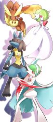 Rule 34 | aria pkmn, black sclera, closed mouth, colored sclera, colored skin, commentary request, creatures (company), flipped hair, frown, gallade, game freak, gardevoir, gen 3 pokemon, gen 4 pokemon, green hair, highres, looking at viewer, lopunny, lucario, mega gallade, mega gardevoir, mega pokemon, nintendo, pink eyes, pokemon, pokemon (creature), red eyes, spikes, standing, white background, white skin, yellow fur
