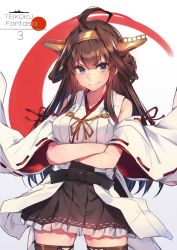 Rule 34 | &gt;:), 10s, 1girl, ahoge, bare shoulders, blush, boots, breasts, brown hair, crossed arms, detached sleeves, double bun, female focus, frilled skirt, frills, hair bun, hairband, headgear, japanese clothes, kantai collection, kongou (kancolle), kongou kai ni (kancolle), large breasts, long hair, looking at viewer, nontraditional miko, purple eyes, ribbon-trimmed sleeves, ribbon trim, simple background, skirt, smile, solo, soukou makura, thigh boots, thighhighs, v-shaped eyebrows, zettai ryouiki