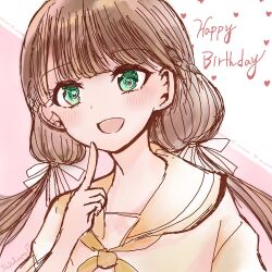 Rule 34 | 1girl, birthday, blush, brown hair, commentary, english text, green eyes, happy birthday, heart, long hair, looking at viewer, love live!, love live! superstar!!, low twintails, pink background, sakurakoji kinako, signature, smile, solo, suzuhara nozomi, twintails, two-tone background, upper body, white background