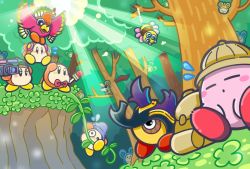 Rule 34 | backpack, bag, beetley, bird, bow, bowtie, commentary request, como (kirby), flying sweatdrops, forest, headdress, headphones, helmet, kirby, kirby (series), light rays, microphone, mouse (animal), native american headdress, nature, nintendo, official art, pith helmet, plant, red neckwear, sleeping, spinni, squeakers, sunbeam, sunlight, tree, video camera, vines, waddle dee, waving arms