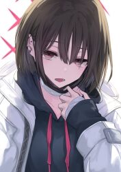 Rule 34 | 1girl, absurdres, backlighting, bandaged hand, bandaged neck, bandages, black hoodie, blue archive, brown eyes, brown hair, coat, ear bar, empty eyes, halo, highres, hood, hood down, hoodie, kuro shiraga, long sleeves, looking at viewer, mask, mask pull, misaki (blue archive), mouth mask, open clothes, open coat, open mouth, short hair, sidelocks, sleeves past wrists, solo, tongue, tongue out, upper body, white coat