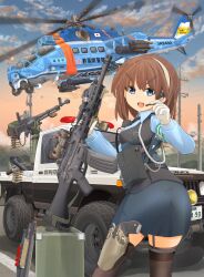 Rule 34 | 2boys, aircraft, ammunition belt, armband, ass, assault rifle, blue eyes, brown hair, bullet, cloud, commentary request, cowboy shot, from behind, garter straps, gloves, green armband, gun, handgun, headset, heavy machine gun, helicopter, helmet, highres, hill, holding, holding gun, holding weapon, holster, howa type 89, japanese flag, japanese national police agency (emblem), license plate, load bearing equipment, looking at viewer, looking back, machine gun, mi-24, mikeran (mikelan), military, military vehicle, missile, missile pod, motion blur, motor vehicle, multiple boys, necktie, open mouth, original, outdoors, pickup truck, police, police helicopter, police uniform, policewoman, power lines, radio, revision, revolver, rifle, rocket launcher, rpg, rpg-7, rpg (weapon), short hair, skirt, sky, suzuki (company), technical, thigh holster, thighhighs, translated, truck, uniform, uniform vest, utility pole, vertical foregrip, weapon, white gloves, zettai ryouiki