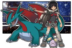 Rule 34 | 1girl, anklet, artist request, black hair, black shirt, bob cut, boots, cape, creatures (company), dark skin, dragon, fangs, female focus, game freak, gen 3 pokemon, holding, jewelry, legs, looking at viewer, nintendo, outdoors, pokemon, pokemon (creature), pokemon oras, red eyes, salamence, sandals, shirt, short hair, short shorts, shorts, size difference, sky, sleeveless, sleeveless shirt, smile, star (sky), starry sky, toeless footwear, toenails, toes, whismur, wings, zinnia (pokemon)