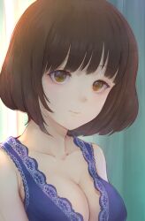 Rule 34 | 1girl, bare shoulders, blue shirt, blunt bangs, breasts, brown hair, cleavage, closed mouth, collarbone, looking at viewer, medium breasts, orange eyes, original, shirt, short hair, simple background, sleeveless, sleeveless shirt, solo, tomamatto, upper body