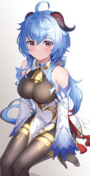 Rule 34 | absurdres, ahoge, arm support, bare shoulders, bell, black gloves, black legwear, blue hair, blush, bow, breasts, detached sleeves, doggo34476335, ganyu (genshin impact), genshin impact, gloves, gold trim, highres, horns, large breasts, long hair, looking at viewer, low ponytail, multicolored eyes, neck bell, purple eyes, red rope, rope, sidelocks, sitting, smile, solo, tassel, thighlet, waist cape, white background, white sleeves