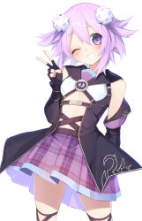 Rule 34 | 1girl, absurdres, blush, buran buta, d-pad, d-pad hair ornament, fingerless gloves, gloves, grin, hair ornament, highres, looking at viewer, neptune (neptunia), neptune (series), one eye closed, plaid, plaid skirt, pleated skirt, purple eyes, purple hair, short hair, simple background, skirt, smile, solo, v, white background
