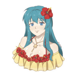Rule 34 | 1girl, absurdres, bare shoulders, bikini, blue eyes, blue hair, breasts, cleavage, commentary request, eirika (fire emblem), eirika (summer) (fire emblem), fire emblem, fire emblem: the sacred stones, fire emblem heroes, flower, hair flower, hair ornament, hibiscus, highres, jewelry, long hair, looking at viewer, medium breasts, necklace, nintendo, off-shoulder bikini, off shoulder, red flower, simple background, smile, solo, swimsuit, tak0baka, upper body, very long hair, white background, yellow bikini