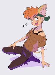 Rule 34 | 1boy, animal ears, black tank top, blush stickers, brown pants, brown shirt, chihuahua, collarbone, dog boy, dog ears, dog tail, earrings, fang, full body, gold earrings, green hairband, hairband, highres, humanization, jewelry, looking at viewer, loose clothes, loose shirt, male focus, notched ear, oliver &amp; company, open mouth, orange hair, pants, paw print, shirt, short hair, solo, squatting, tail, tank top, tito (oliver &amp; company), uochandayo
